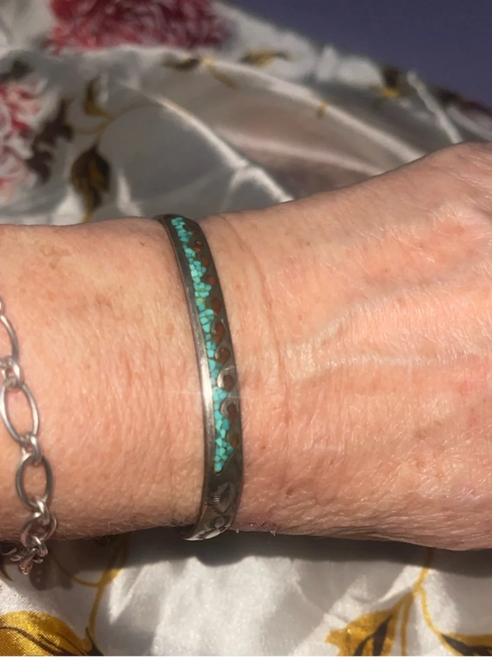 Turquoise & Coral Inlay Sterling Silver signed Cuff Bracelet - Blue